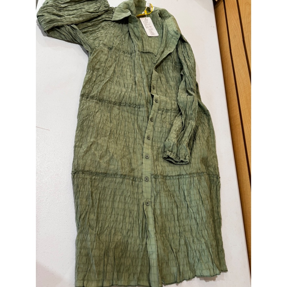Aoxwomen Sage Green Shirred Button Down Shirt Dress Smocked Midi 3XL NWT